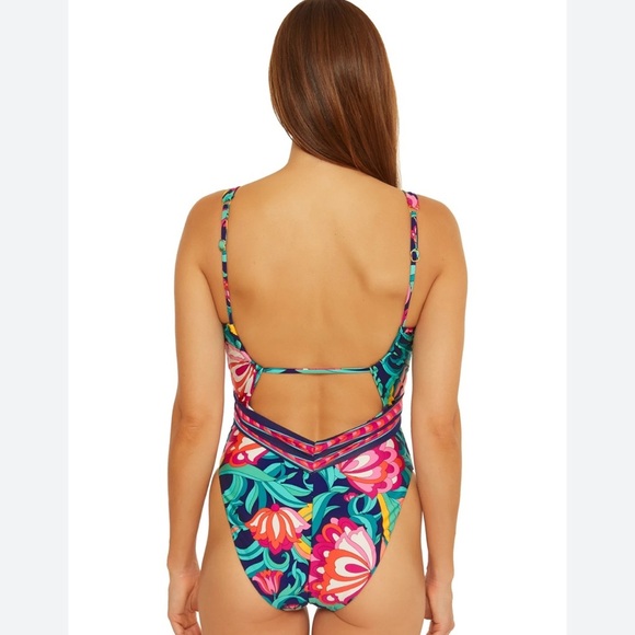 Trina Turk India Garden floral navy red pink green swim one piece wire plunge - Picture 2 of 7